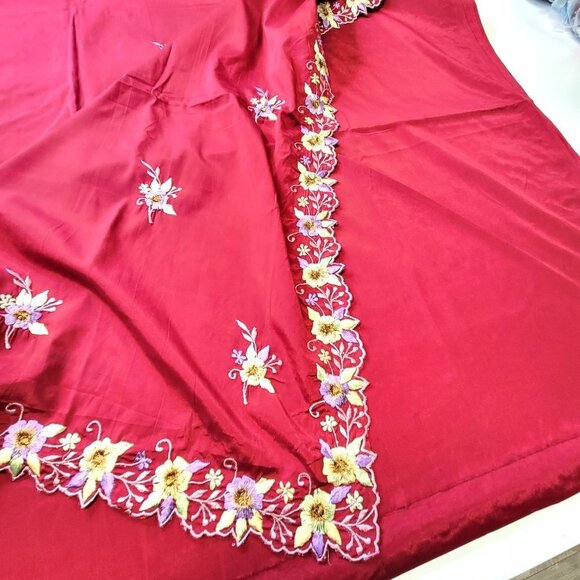 Maroon Burgundy Saree with colorful floral embroidery - Unstitched- NEW - Picture 9 of 10